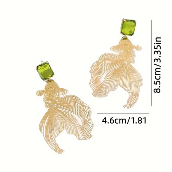 Green Rhinestone Gold Koi Fish Statement Dangle Earrings - Picture 3 of 3